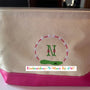 Canvas golf-themed makeup bag with pink trim, personalized embroidered monogram N