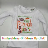 White baby bodysuit with colorful embroidered 'Little Miss Pumpkin Spice' text and leaf accents.
