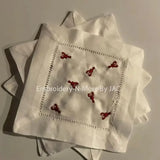 White cocktail napkin set with red lobster embroidery and hemstitch border