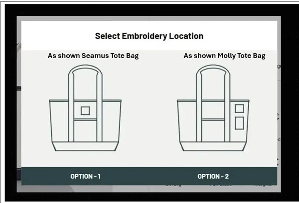Diagram showing embroidery location options on Seamus and Molly tote bags