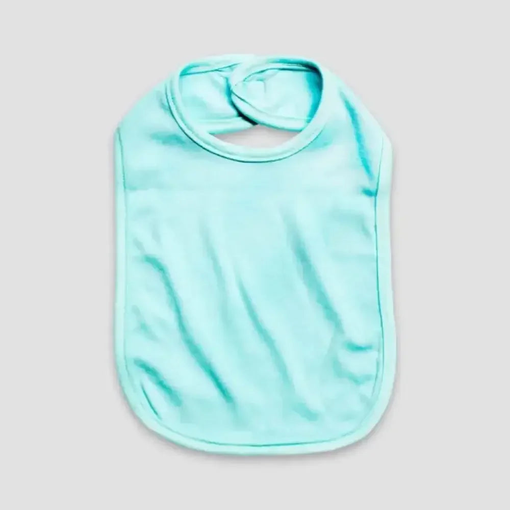 Aqua blue cotton baby bib with rounded neck on plain background