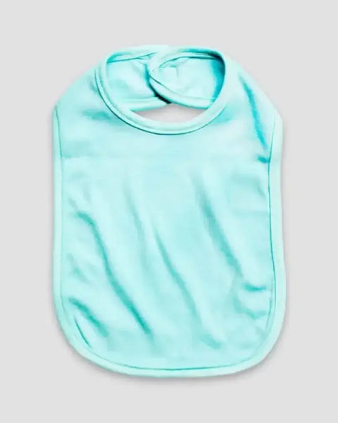 Aqua blue cotton baby bib with rounded neck on plain background