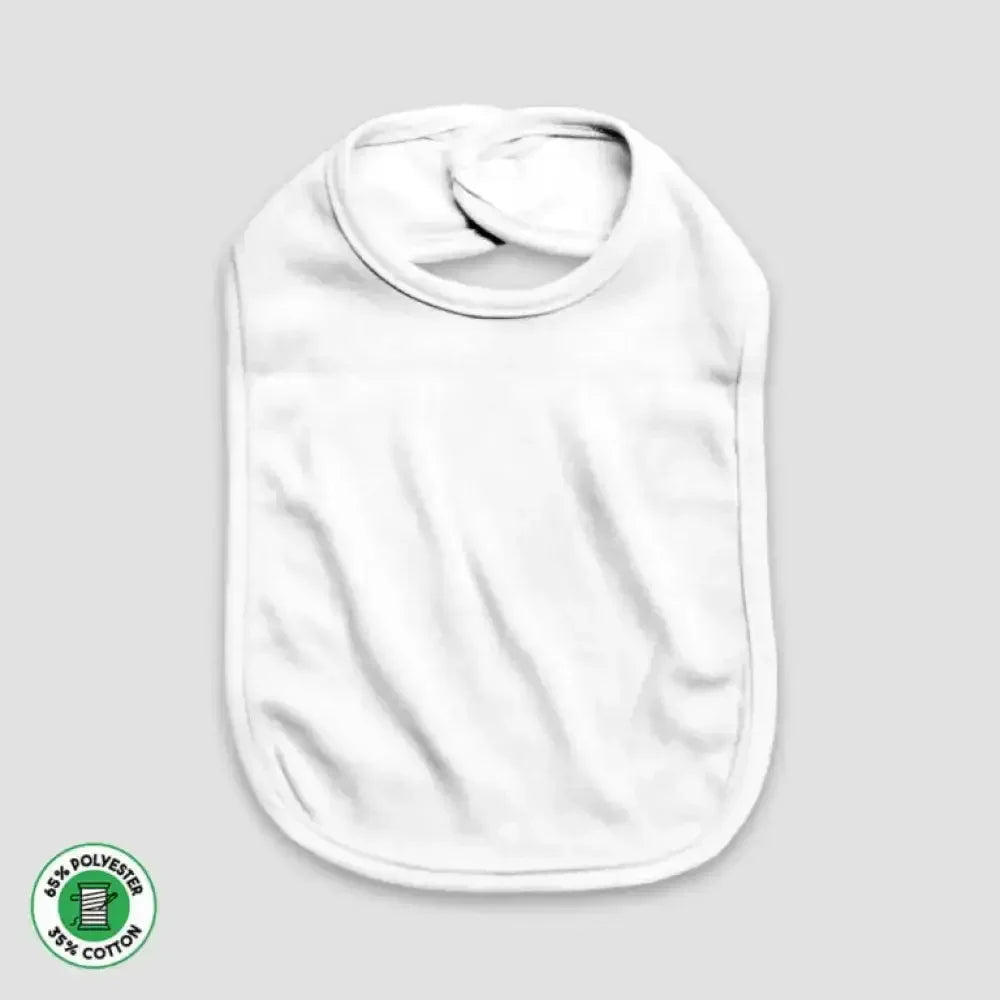 Plain white baby bib with Velcro closure, polyester cotton blend on gray background