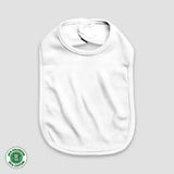 Plain white baby bib with Velcro closure, polyester cotton blend on gray background