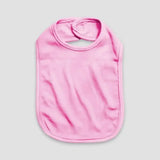 Pink personalized baby bib with neck loop on light background