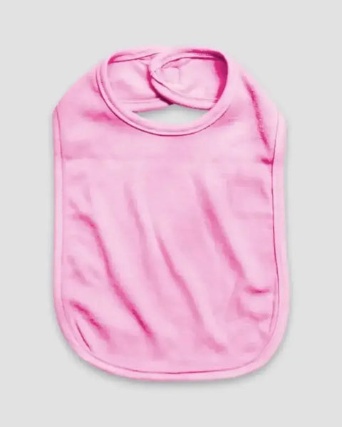 Pink personalized baby bib with neck loop on light background