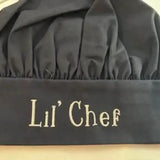 Personalized black child chef hat with Lil' Chef embroidered on the front