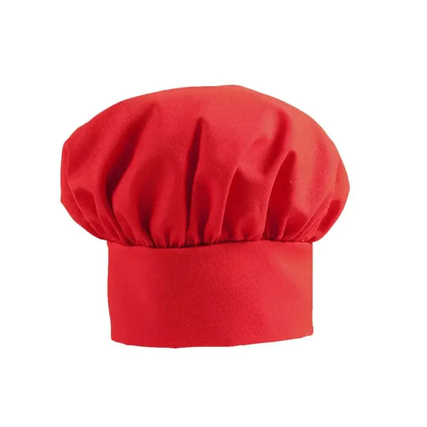 Bright red child chef hat with gathered top and flat band on white background