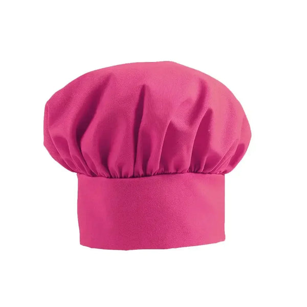 Bright pink child chef hat, classic puffed design, on white background.