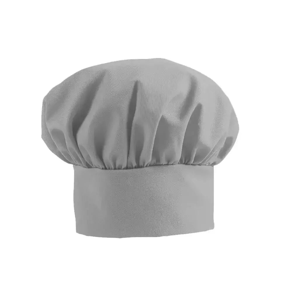 Plain gray child chef hat with gathered top, isolated on white background