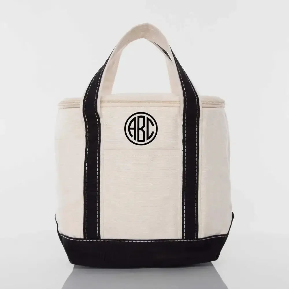 Personalized embroidered small lunch tote cooler bag in black and white with monogram initials.
