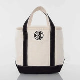 Personalized embroidered small lunch tote cooler bag in black and white with monogram initials.