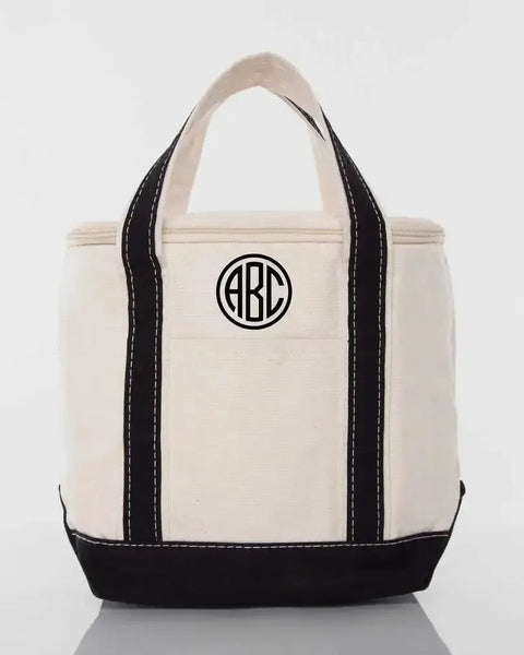 Personalized embroidered small lunch tote cooler bag in black and white with monogram initials.