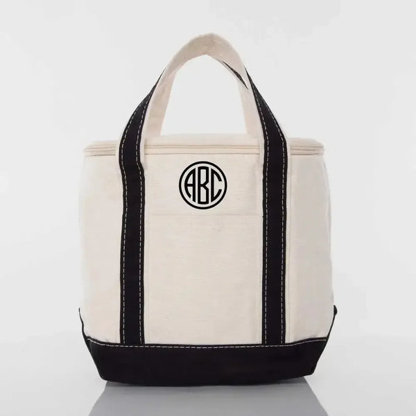 Personalized embroidered small lunch tote cooler bag in black and white with monogram initials.