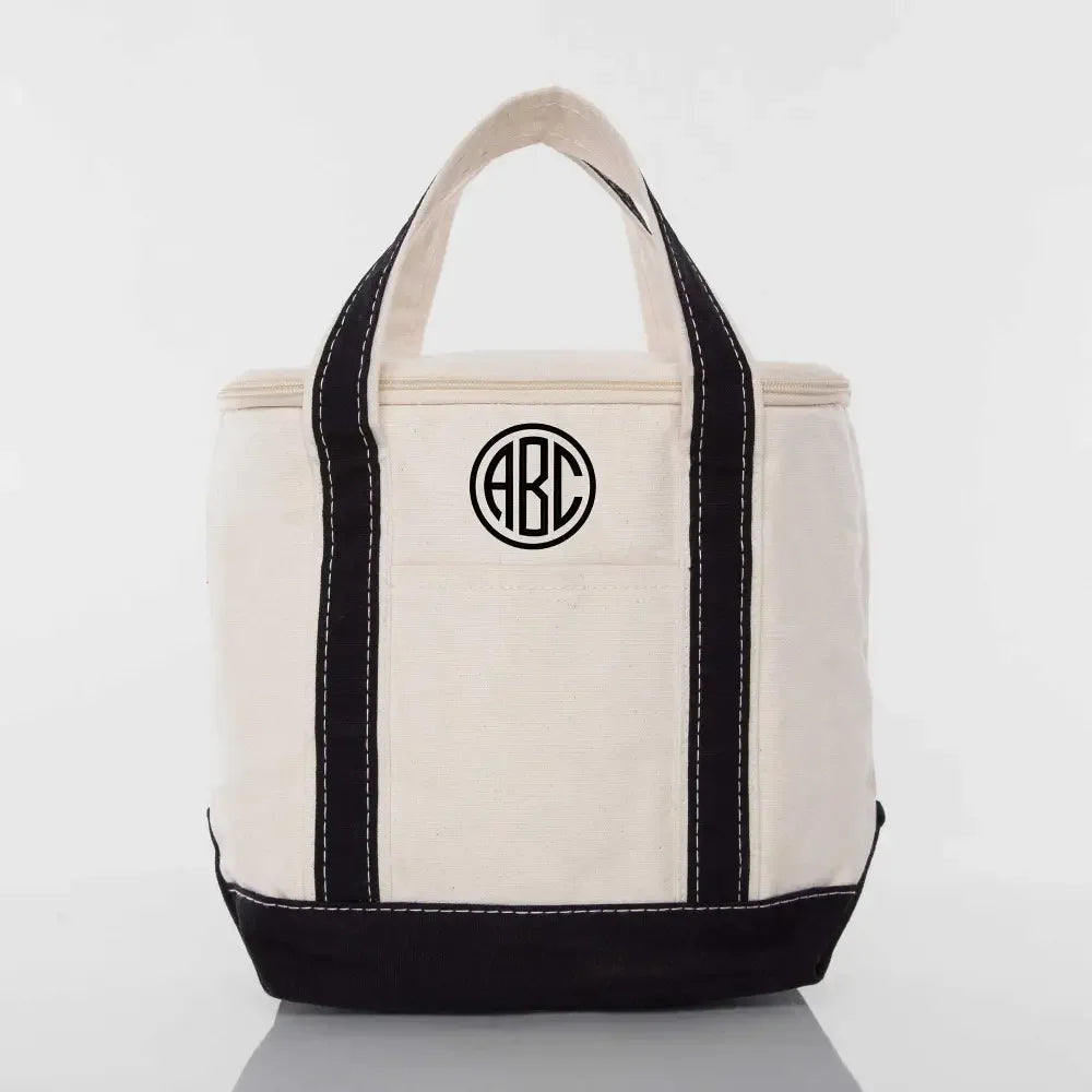 Personalized embroidered small lunch tote cooler bag in black and white with monogram