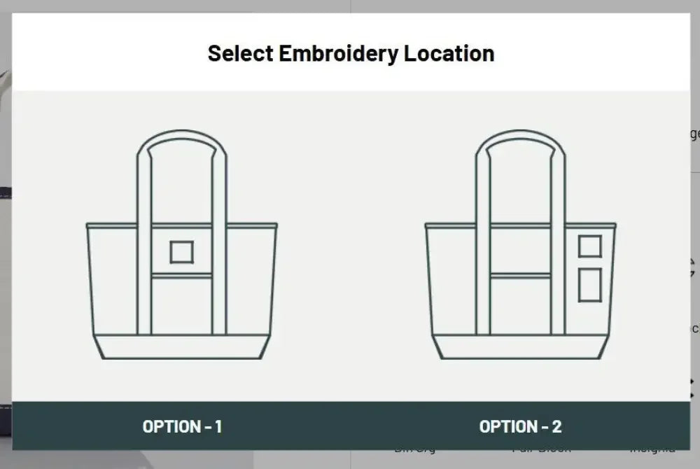 Diagram showing two options for personalized embroidery location on a large tote bag.