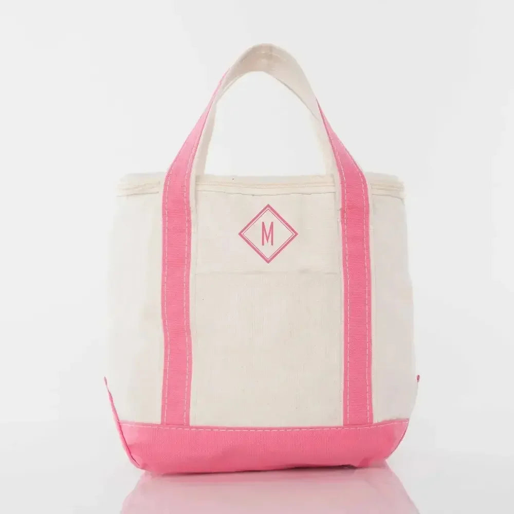 Personalized small lunch tote cooler with coral pink trim and monogrammed letter M