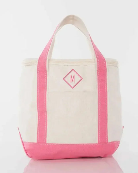 Personalized small lunch tote cooler with coral pink trim and monogrammed letter M