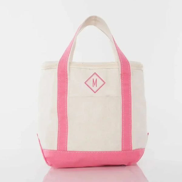 Personalized small lunch tote cooler with coral pink trim and monogrammed letter M