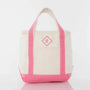 Personalized small lunch tote cooler with coral pink trim and monogrammed letter M