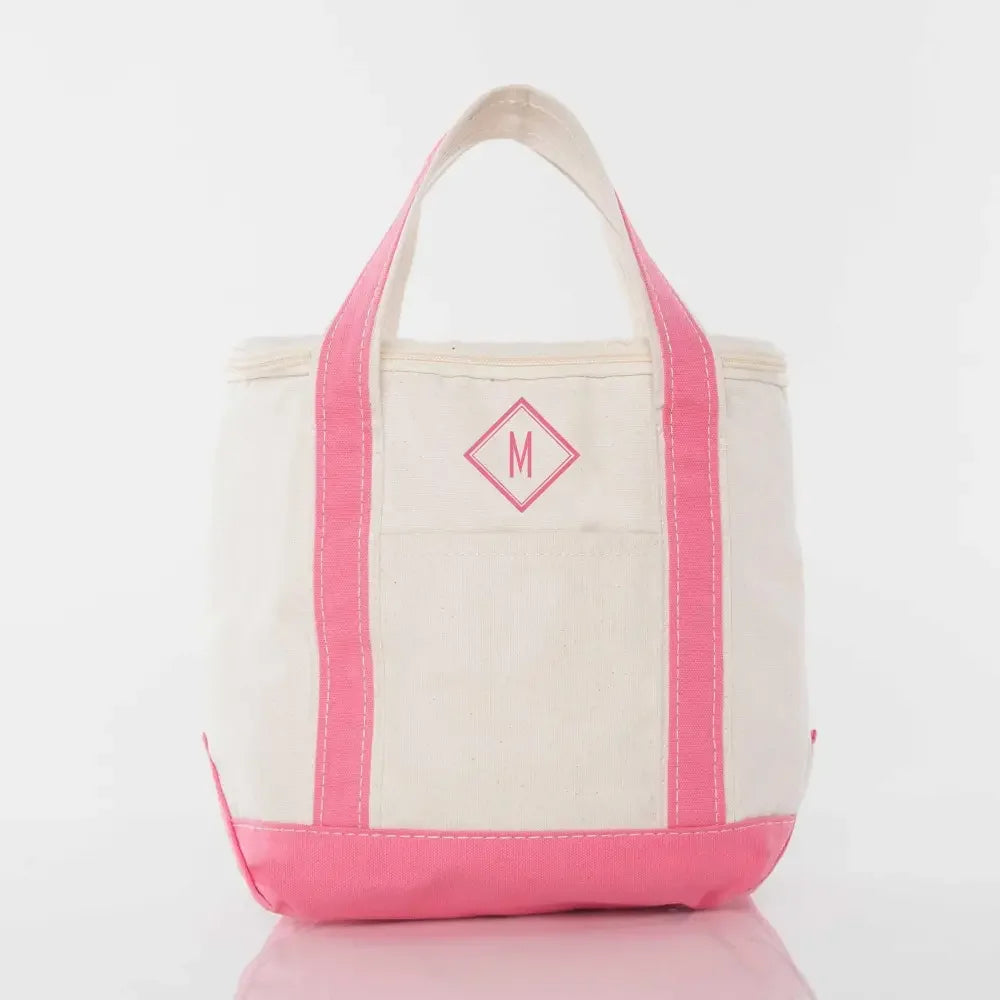 Personalized small lunch tote cooler with coral pink trim and embroidered initial M