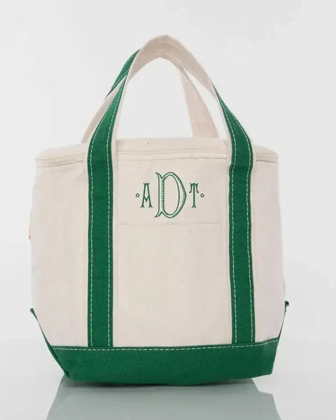 Personalized small lunch tote cooler in emerald green with custom embroidered initials