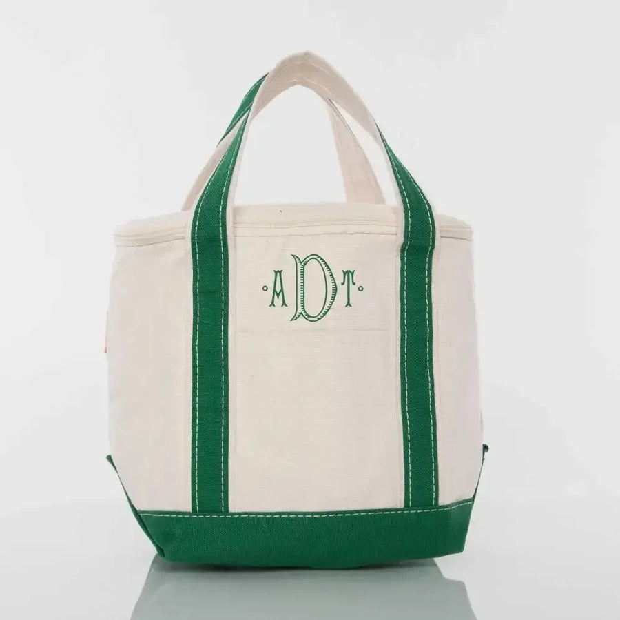 Personalized small lunch tote cooler in emerald green with custom embroidered initials