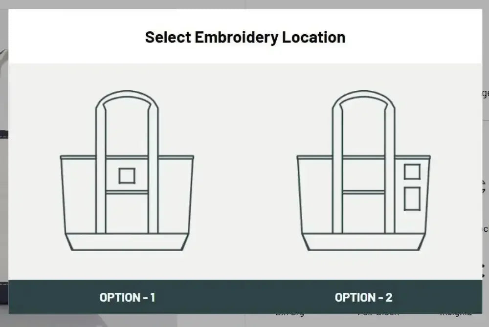 Diagram showing two tote bag embroidery location options, front center or side pocket.
