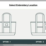Diagram showing two tote bag embroidery location options, front center or side pocket.