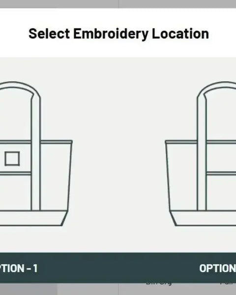 Diagram showing two tote bag embroidery location options, front center or side pocket.