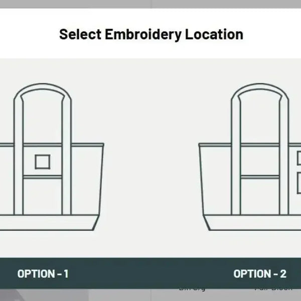 Diagram showing two tote bag embroidery location options, front center or side pocket.