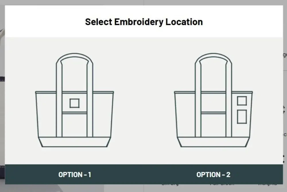Diagram showing two embroidery location options on a small lunch tote bag