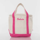 Personalized small lunch tote cooler bag with hot pink handles and trim, custom name embroidered