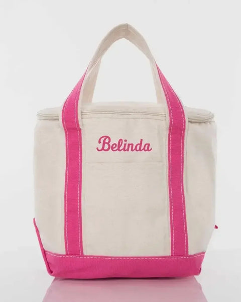 Personalized small lunch tote cooler bag with hot pink handles and trim, custom name embroidered