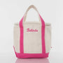 Personalized small lunch tote cooler bag with hot pink handles and trim, custom name embroidered