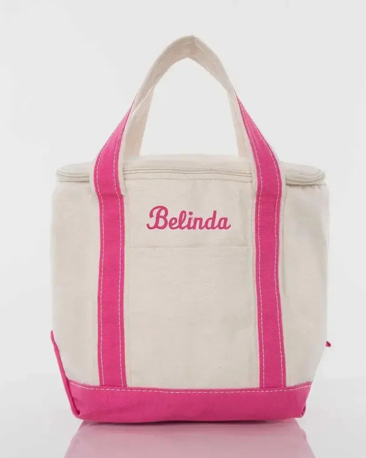 Personalized small lunch tote cooler bag with hot pink handles and trim, custom name embroidered