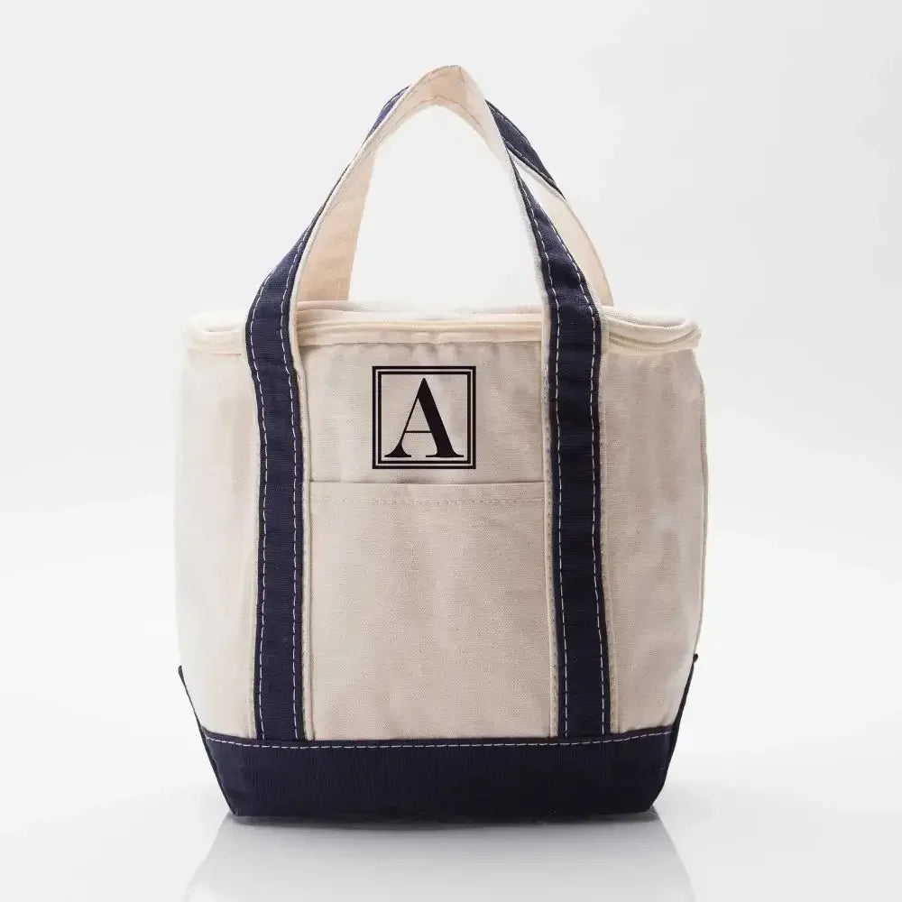 Personalized small navy lunch tote cooler with monogrammed letter A on front pocket
