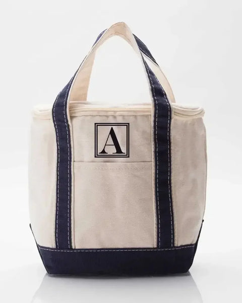 Personalized small navy lunch tote cooler with monogrammed letter A on front pocket