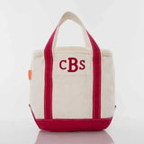 Personalized small red and white lunch tote cooler bag with embroidered initials