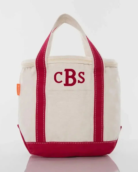 Personalized small red and white lunch tote cooler bag with embroidered initials