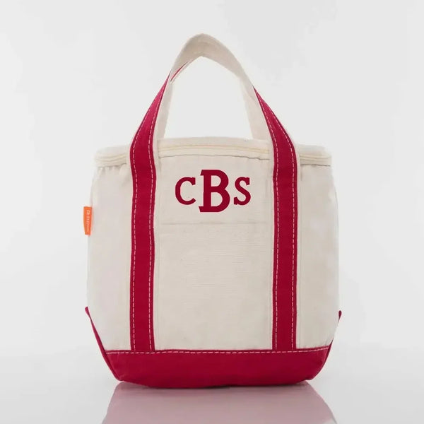 Personalized small red and white lunch tote cooler bag with embroidered initials
