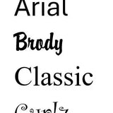 Popular embroidery font styles including Arial, Brody, Classic, and Curlz displayed