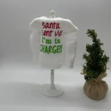 Mini white elf sweater with 'Santa sent me I'm in charge' embroidery beside small Christmas tree.