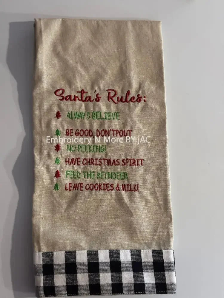 Santa's Rules oatmeal hand towel with Buffalo Plaid Border - Embroidery - N - More By JAC