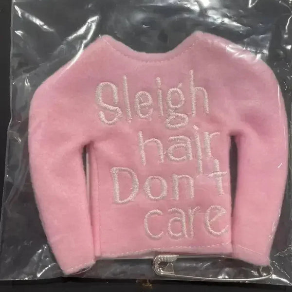Pink elf sweater with 'Sleigh hair Don't care' embroidered, festive holiday accessory