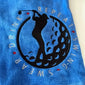 Blue personalized golf towel with embroidered golfer silhouette and Swing Swear Drink Repeat text