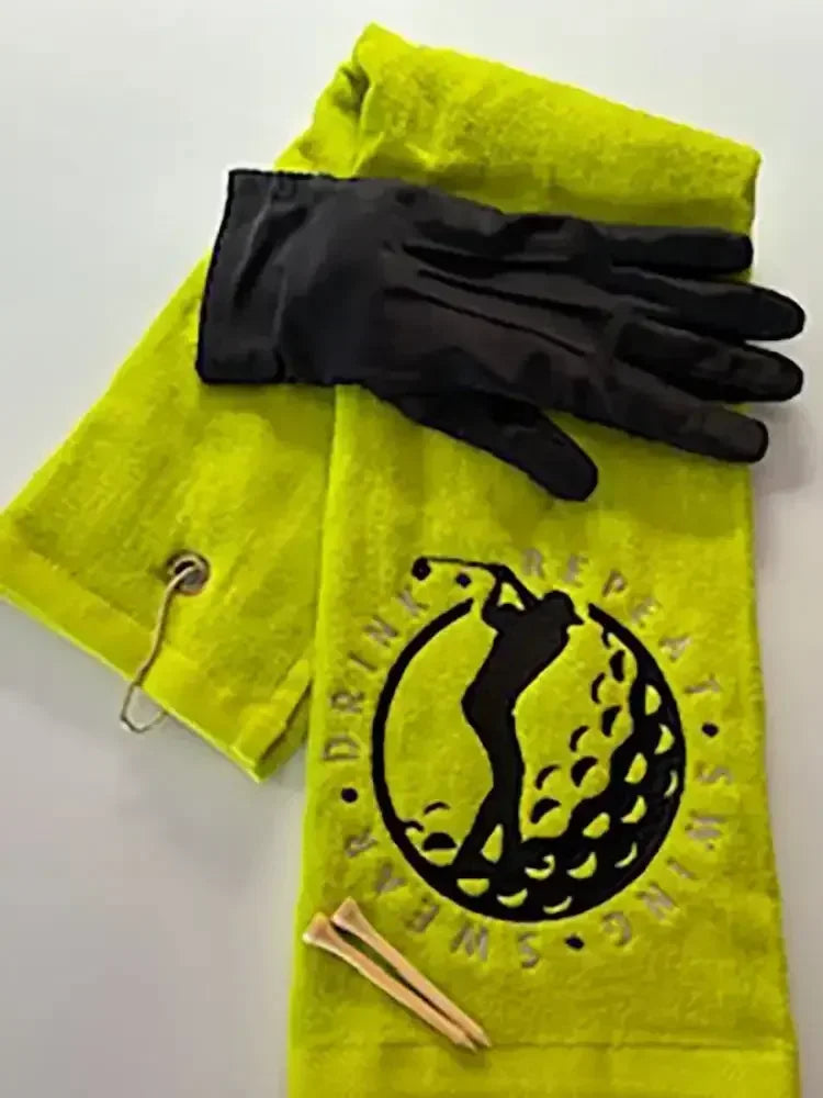 Personalized neon green embroidered golf towel with golfer design, glove, and tees