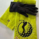 Personalized neon green embroidered golf towel with golfer design, glove, and tees