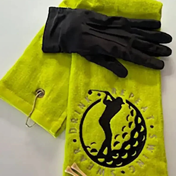 Personalized neon green embroidered golf towel with golfer design, glove, and tees