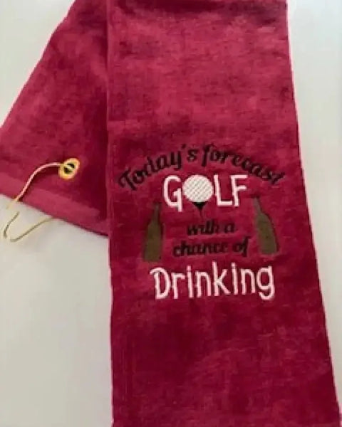 Red embroidered golf towel with funny text and bottle graphics, personalized gift accessory.